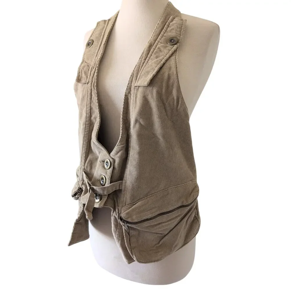 Y2K 2000s Waistcoat Corduroy Vest Tan M Cargo Utility Cyber‎ Grunge Twilightcore